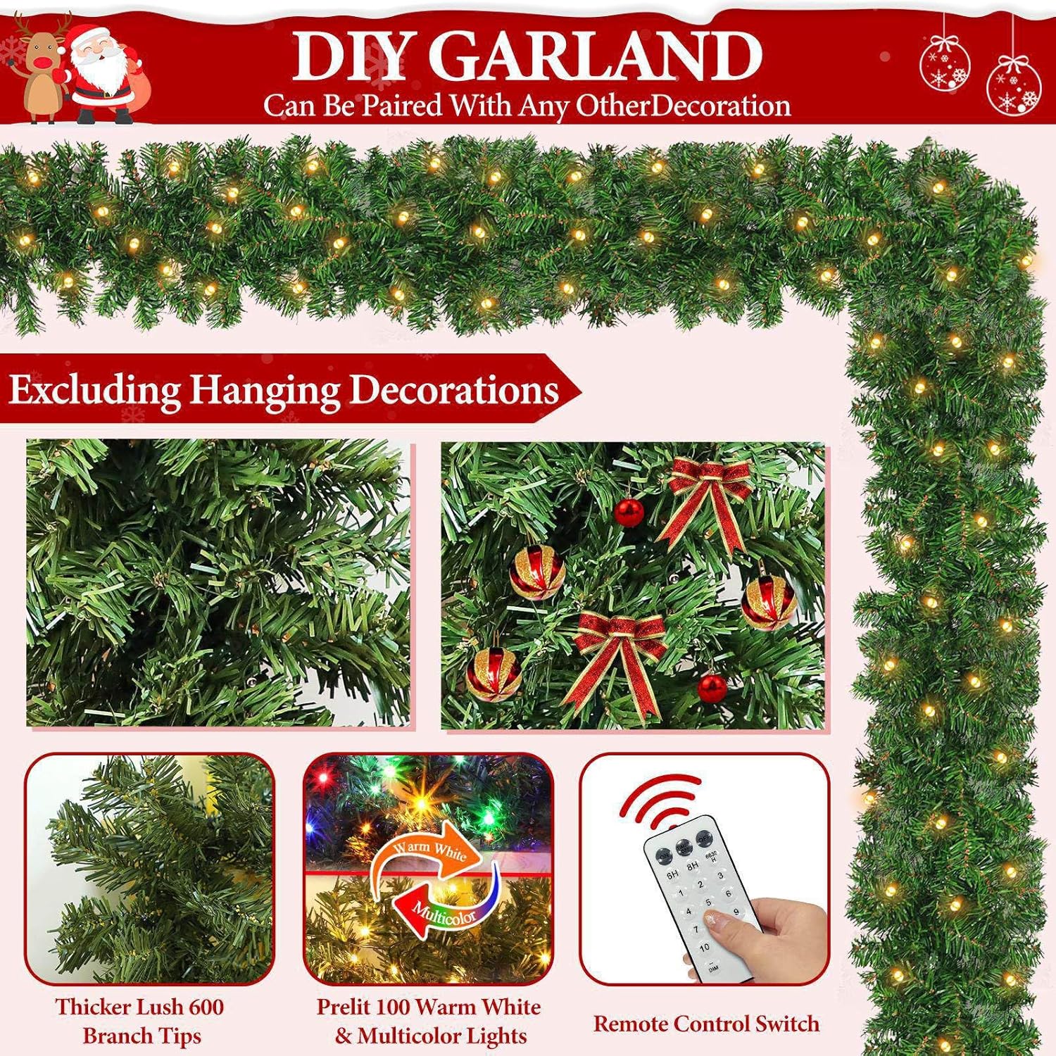 Remote Control 18 Ft Extra Long Prelit Christmas Garland Outdoor 100 Warm White & Multicolor Light 12 Mode Timer Real Touch Cedar Garland Battery Operated 600 Branch Christmas Decoration Stairs Mantle